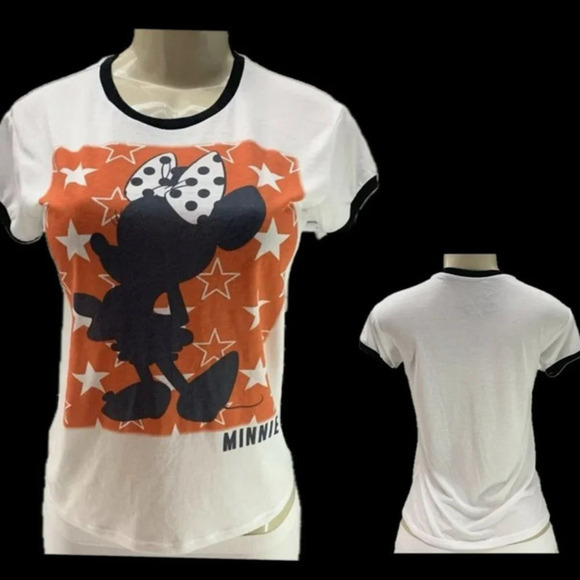 Disney Tops - Disney S White Minnie Mouse Red Graphic Black Accent Short Sleeve Ringer Tee